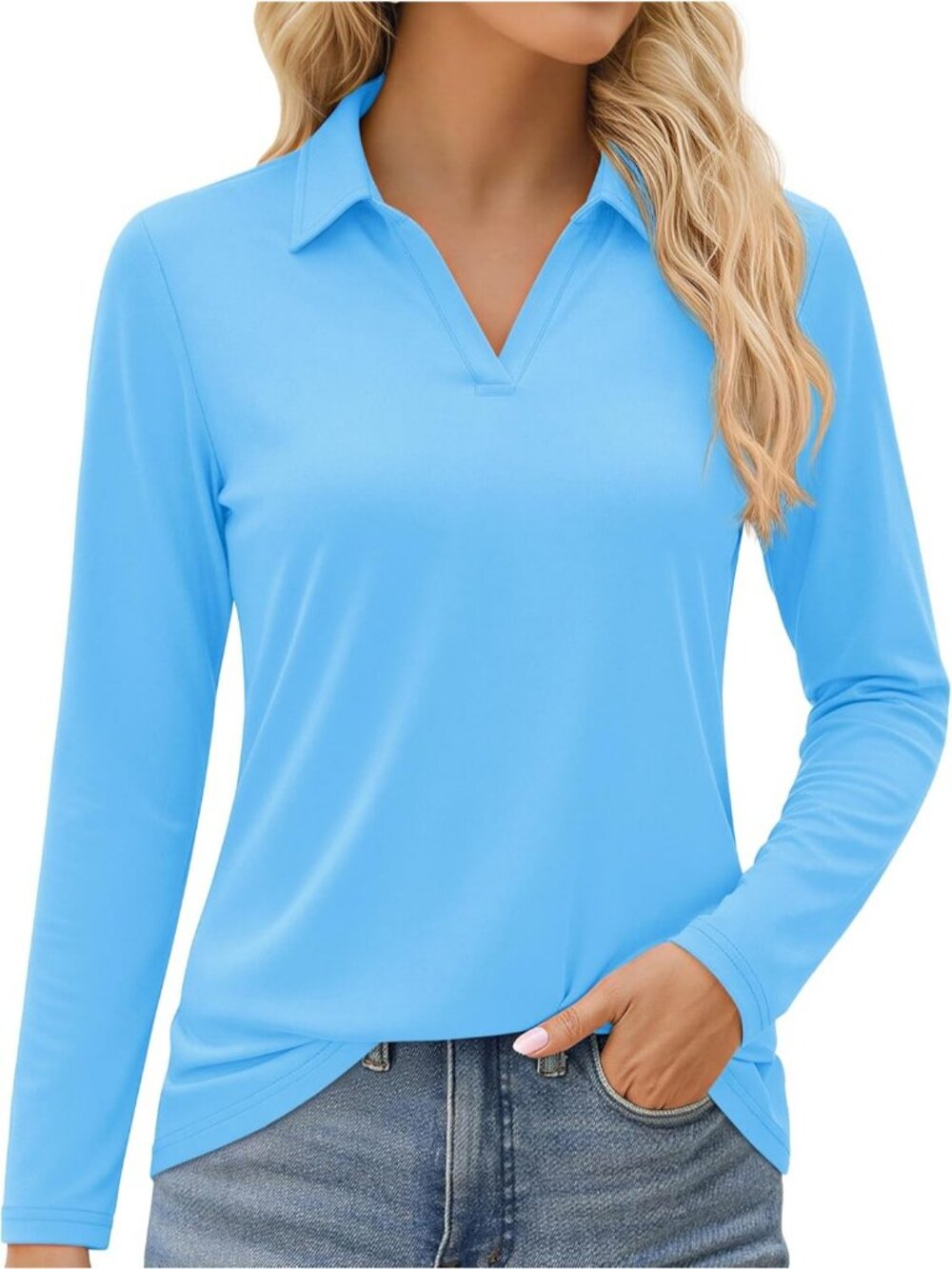Women's Sky Blue V Neck UPF 50+ Long Sleeve Polo Shirt Quick Dry Workout Tops